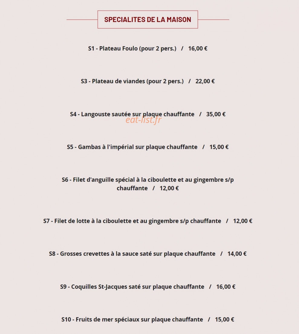 Carte et menu de Restaurant Foulo à Bourg la Reine — Les spécialités de la maison