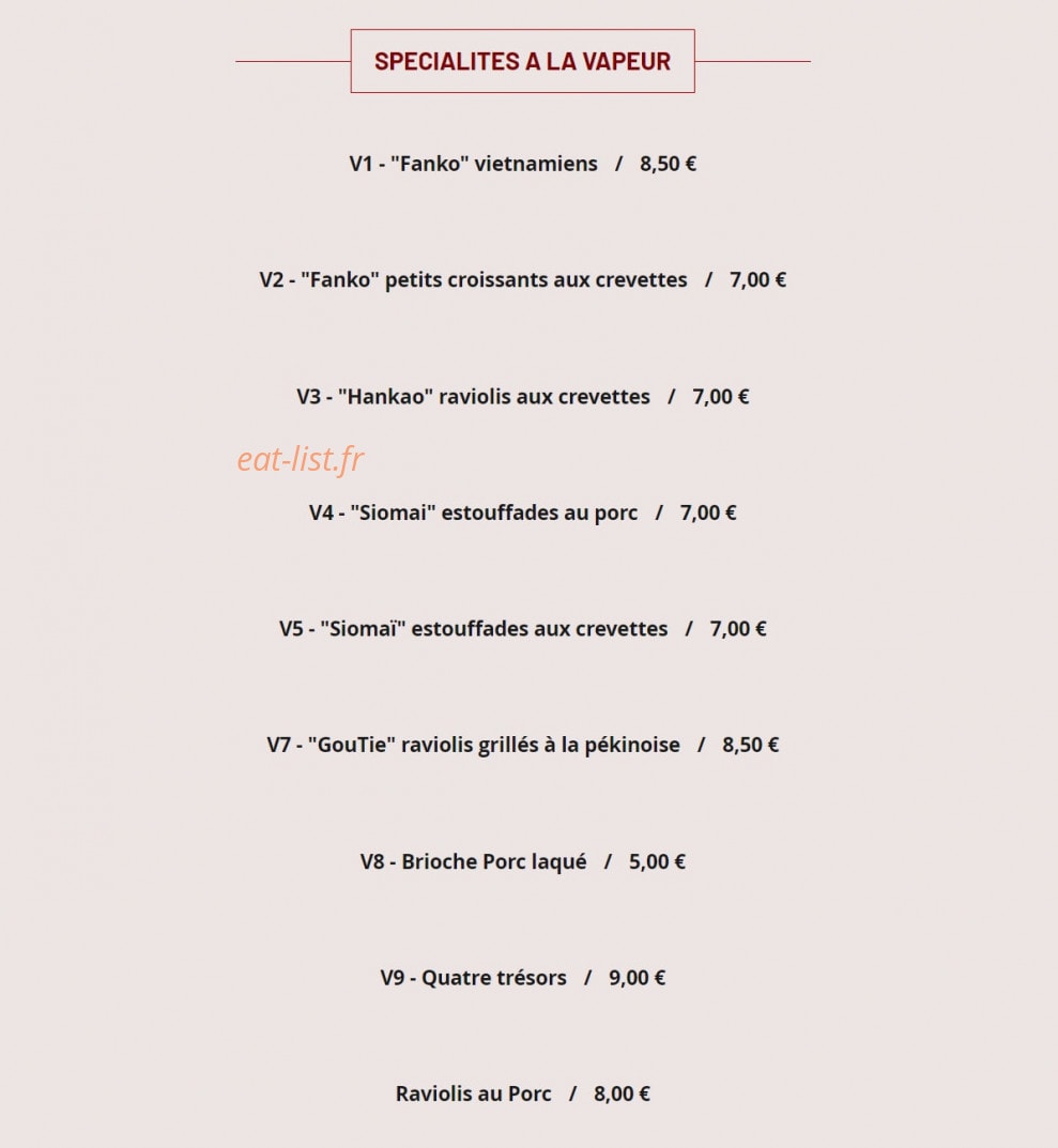 Carte et menu de Restaurant Foulo à Bourg la Reine — Les spécialités à la vapeur