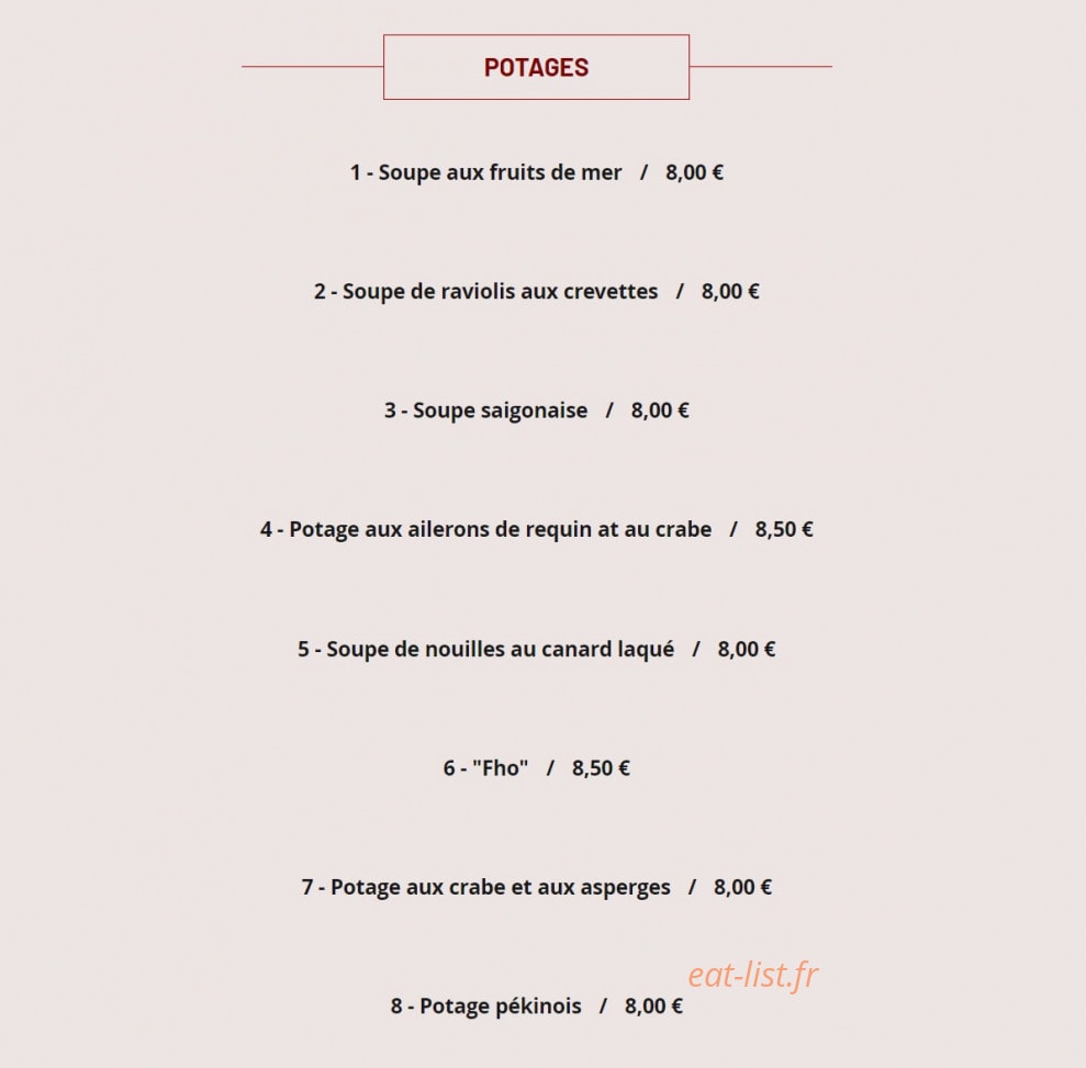 Carte et menu de Restaurant Foulo à Bourg la Reine — Les potages