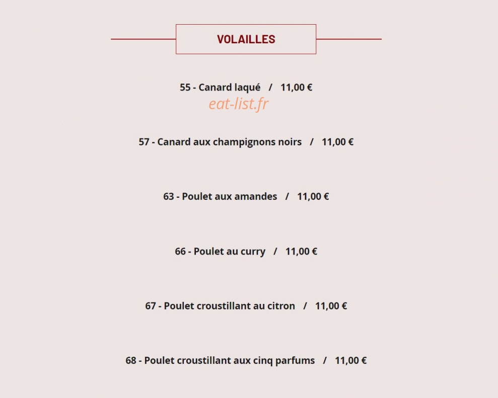Carte et menu de Restaurant Foulo à Bourg la Reine — Les volailles