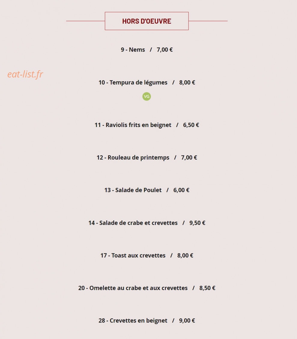 Carte et menu de Restaurant Foulo à Bourg la Reine — Les hors d'œuvre