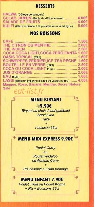 Carte et menu de New Tandoori House à Meudon la Foret — Desserts, boissons et menus suite