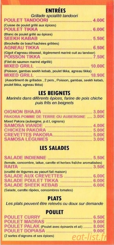 Carte et menu de New Tandoori House à Meudon la Foret — Entrées, beignets, salades,...