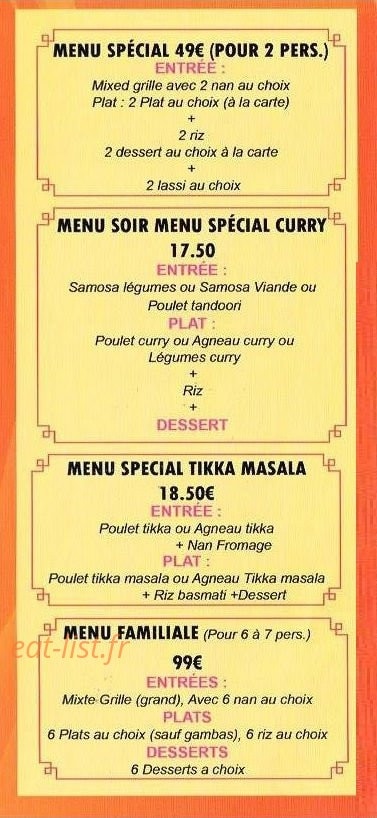 Carte et menu de New Tandoori House à Meudon la Foret — Menus