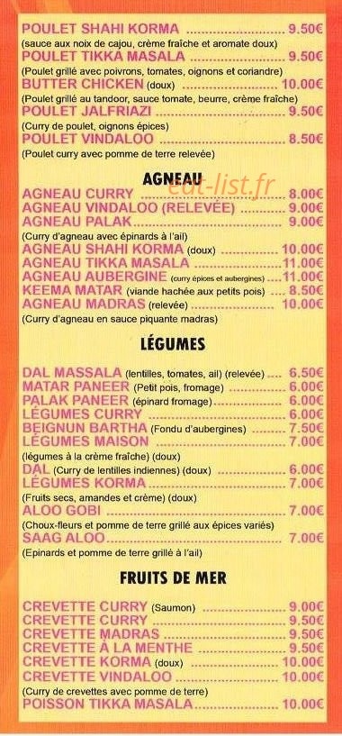 Carte et menu de New Tandoori House à Meudon la Foret — Agneau, légumes,fruits de mer,...