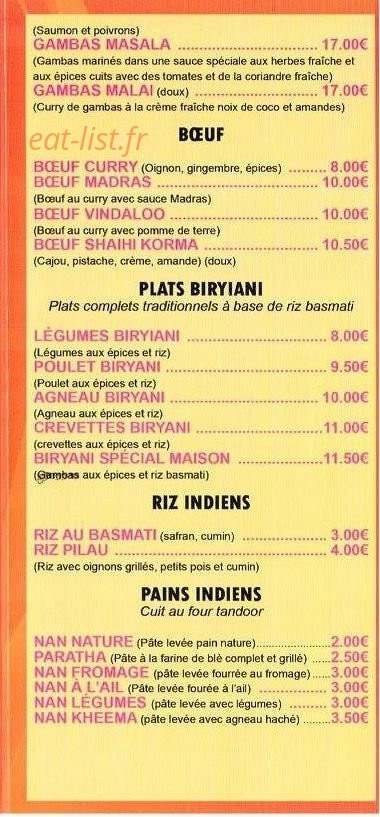 Carte et menu de New Tandoori House à Meudon la Foret — Bœufs, plats biryiani, riz indiens,....