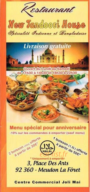 Carte et menu New Tandoori House Meudon la Foret
