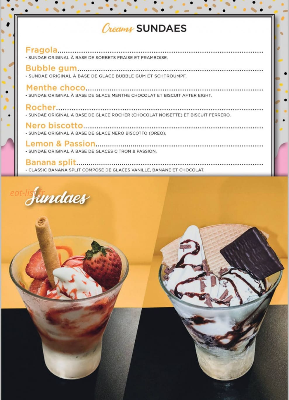 Carte et menu de Creams Factory à Villeneuve la Garenne — Les creams sundeas