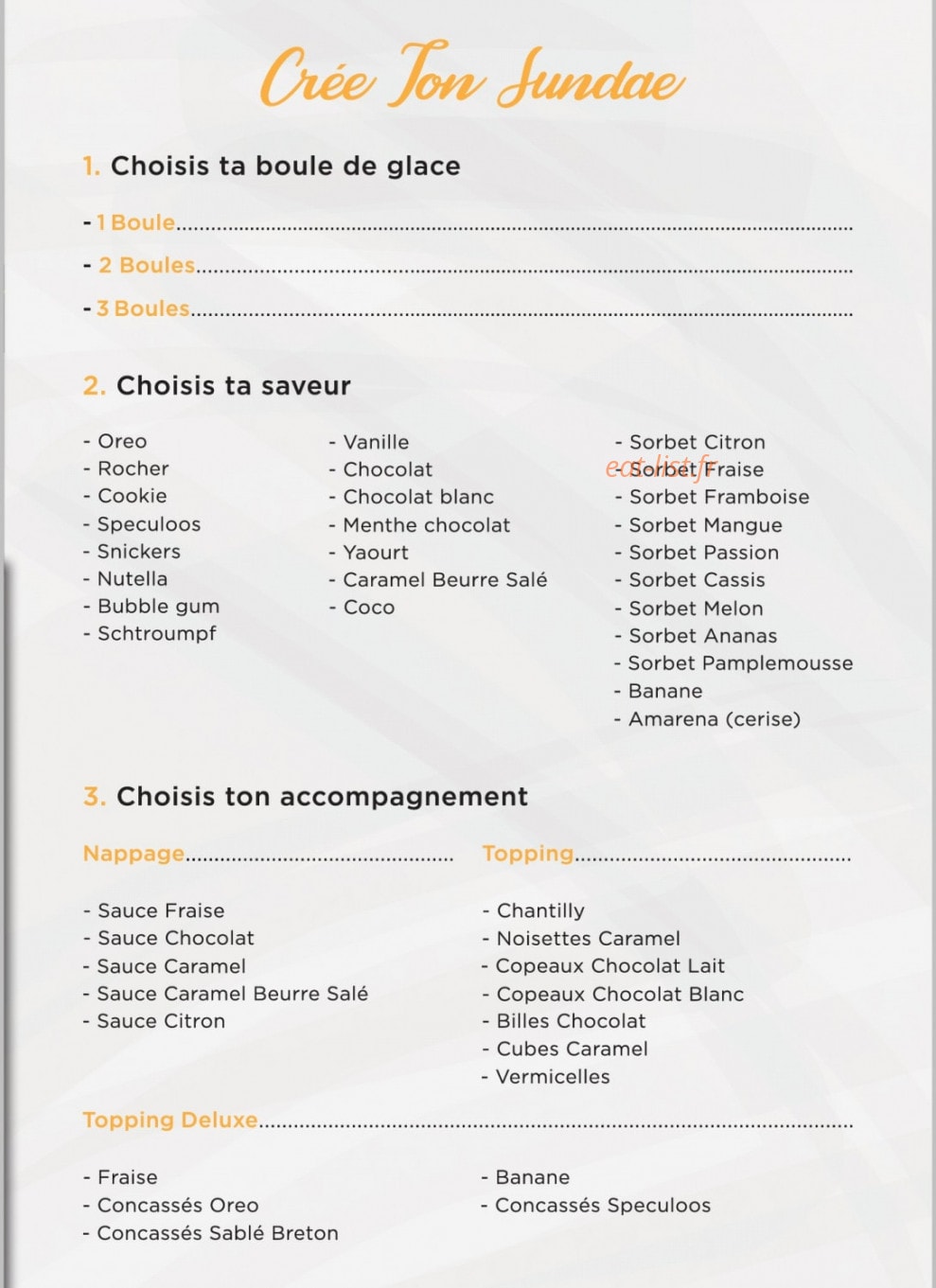 Carte et menu de Creams Factory à Villeneuve la Garenne — Personnaliser sundea
