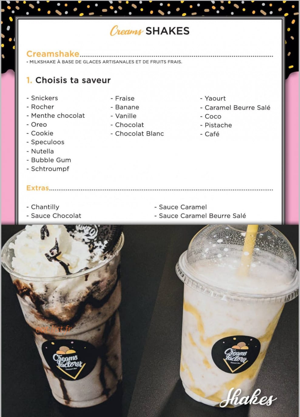 Carte et menu de Creams Factory à Villeneuve la Garenne — Les creamshakes