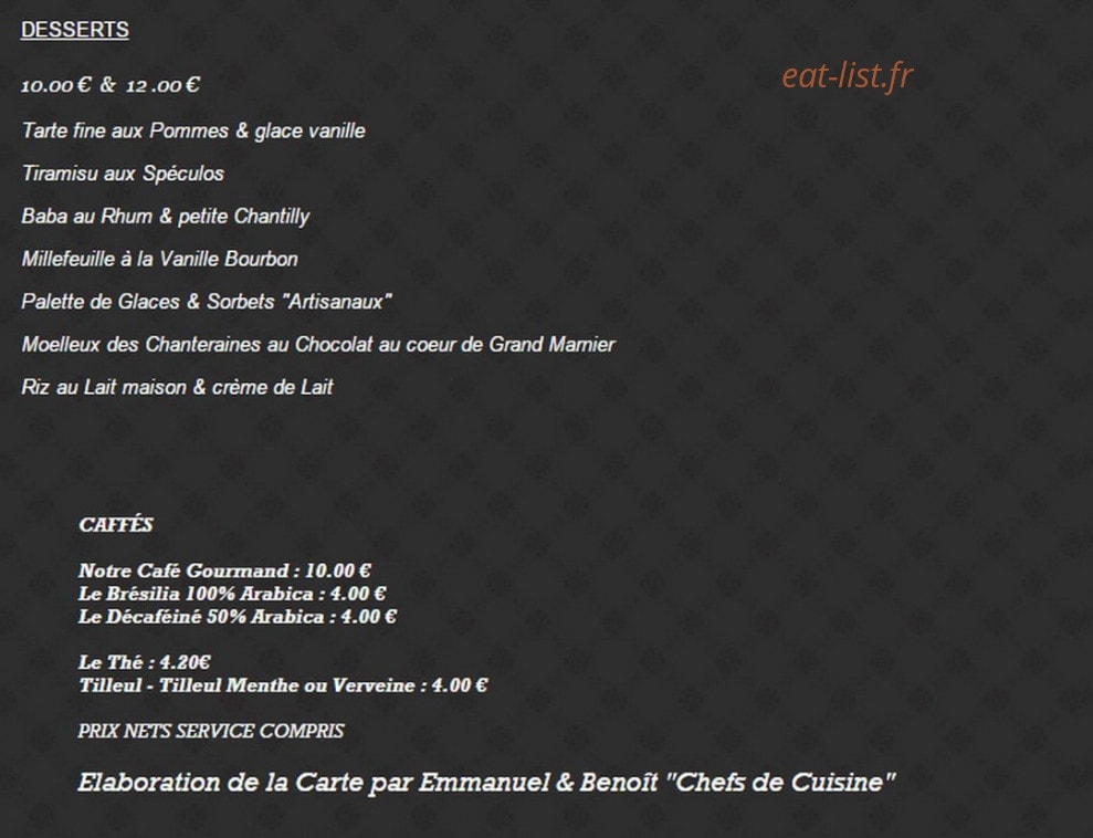 Carte et menu de Les chanteraines à Villeneuve la Garenne — Les desserts,cafés,...