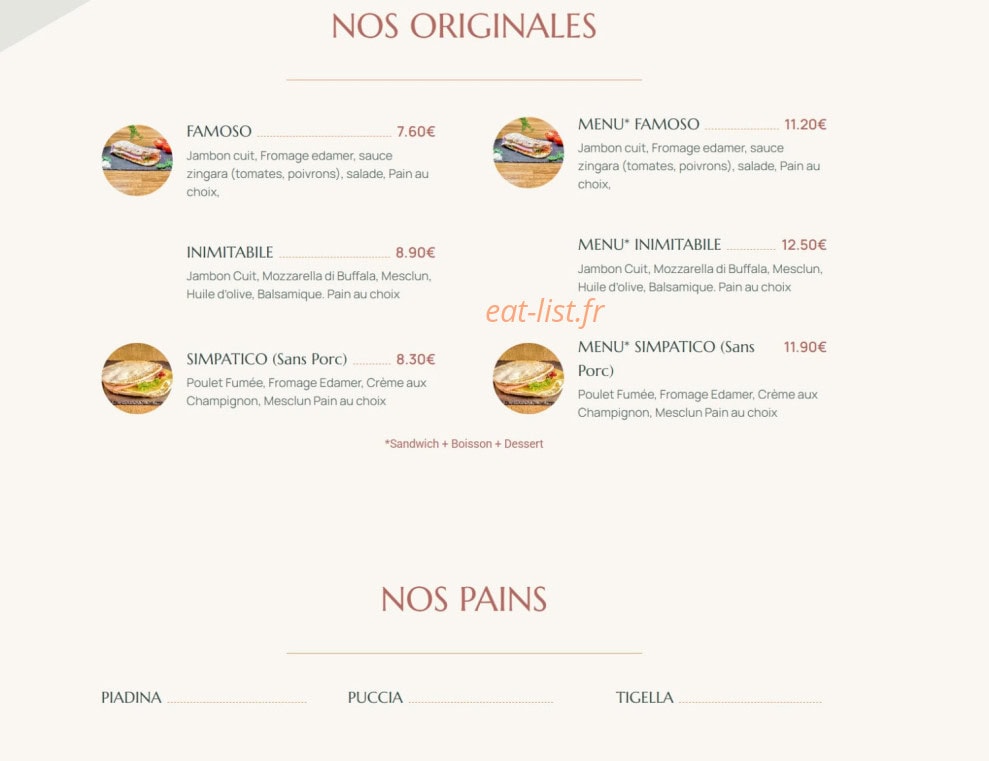 Carte et menu de Lunicco à Villeneuve la Garenne — Les originales et pains