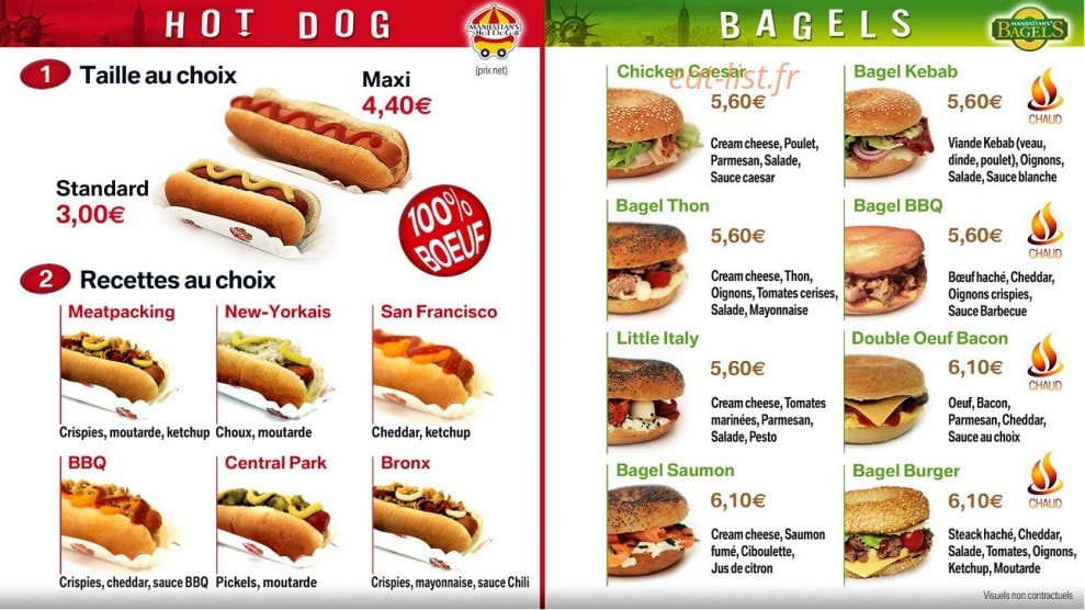 Carte et menu de Manhattan Hot Dog à Villeneuve la Garenne — Hot dog et bagel