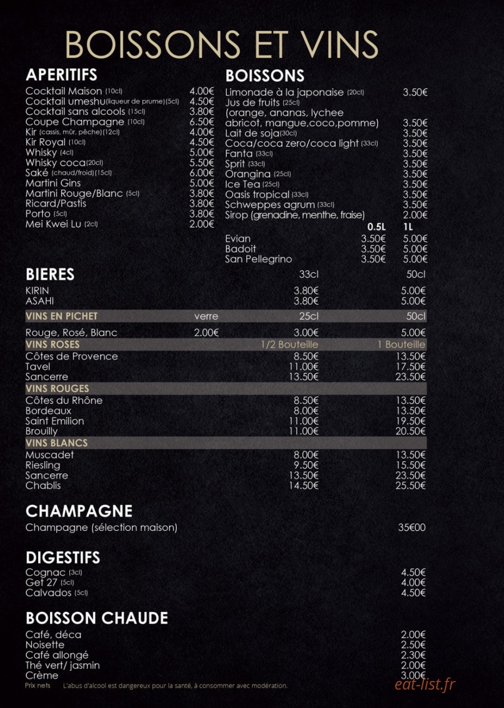 Carte et menu de Sushi Hanaka à Villeneuve la Garenne — Les boissons et vins