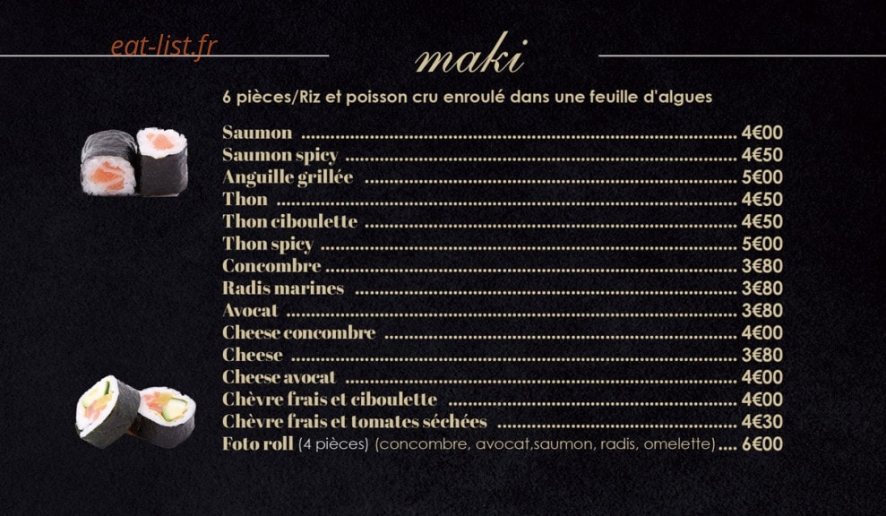 Carte et menu de Sushi Hanaka à Villeneuve la Garenne — Les makis