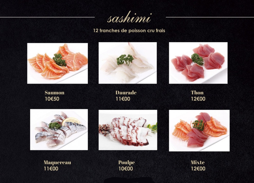 Carte et menu de Sushi Hanaka à Villeneuve la Garenne — Les sashimi