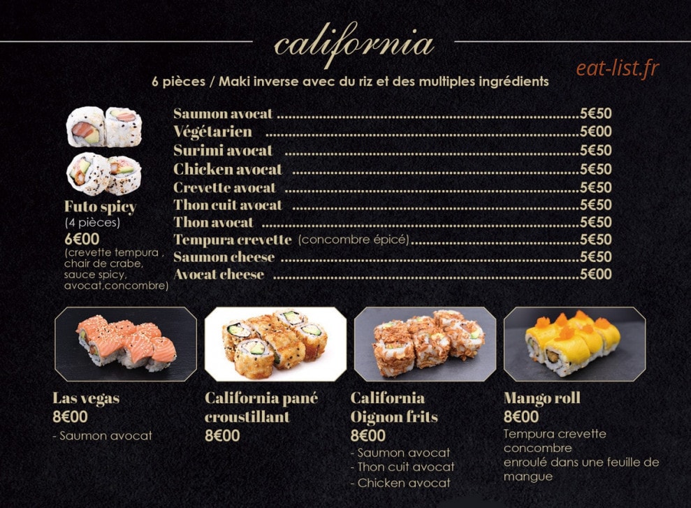 Carte et menu de Sushi Hanaka à Villeneuve la Garenne — Les california