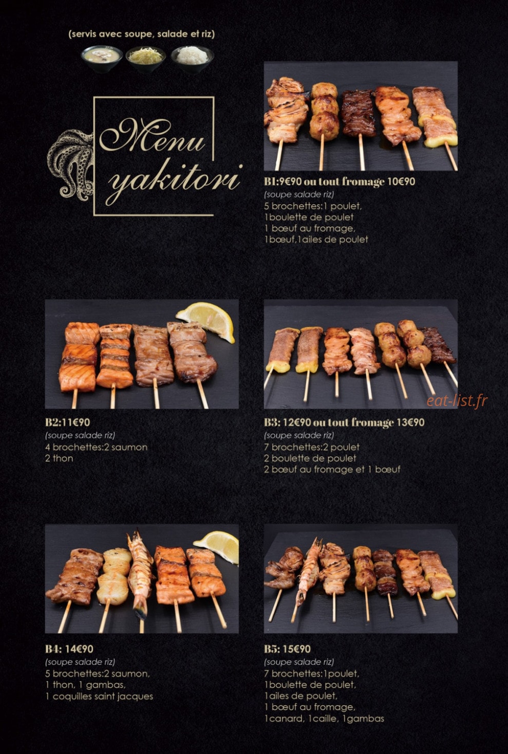 Carte et menu de Sushi Hanaka à Villeneuve la Garenne — Le menu yakitori