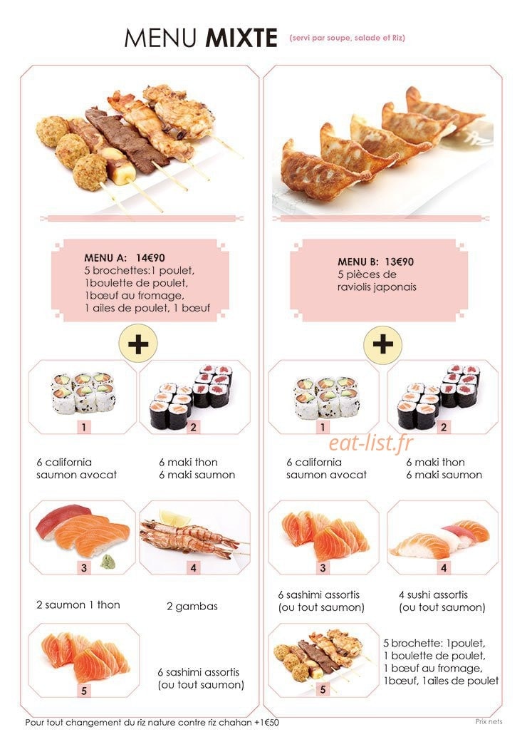 Carte et menu de Sushi Hanaka à Villeneuve la Garenne — Les menus mixtes