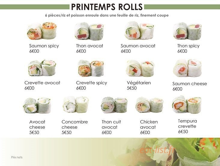Carte et menu de Sushi Hanaka à Villeneuve la Garenne — Les printemps rolls