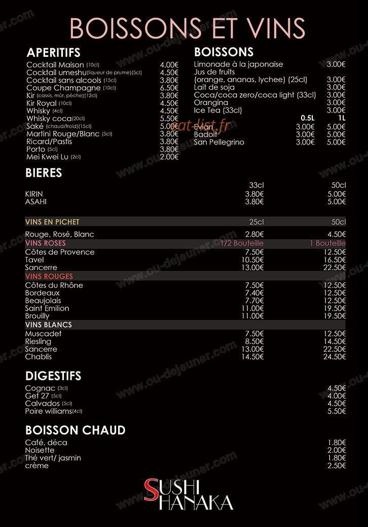 Carte et menu de Sushi Hanaka à Villeneuve la Garenne — Les boissons et vins