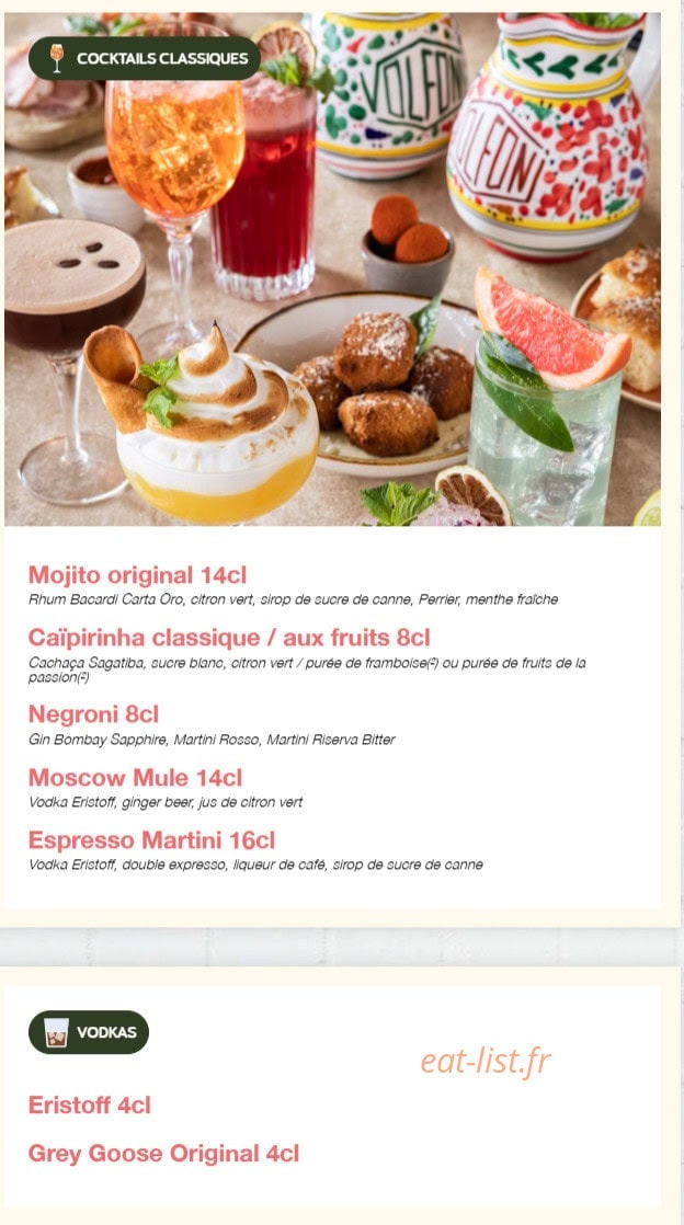 Carte et menu de Volfoni Gennevilliers à Villeneuve la Garenne — Les cocktails classiques et vodkas