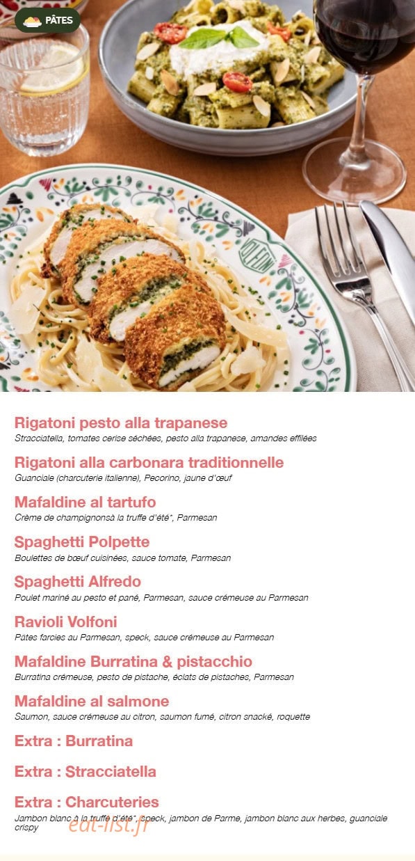 Carte et menu de Volfoni Gennevilliers à Villeneuve la Garenne — Les pates