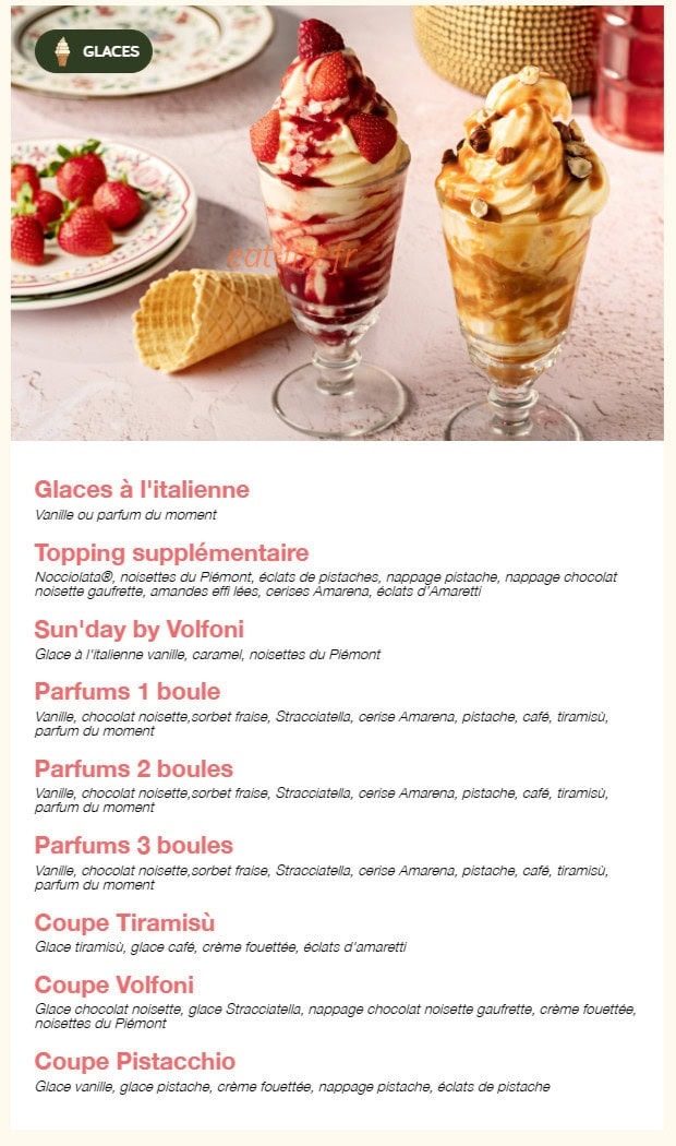 Carte et menu de Volfoni Gennevilliers à Villeneuve la Garenne — Les glaces