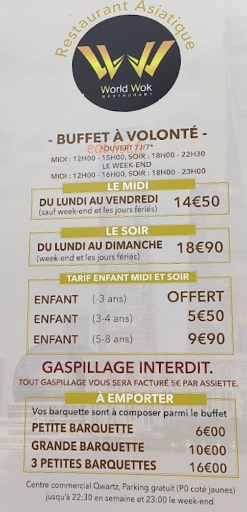 Carte et menu de World Wok à Villeneuve la Garenne — Buffet à volonté