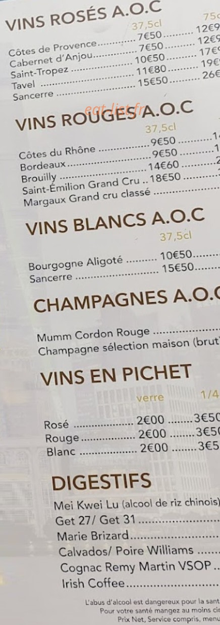Carte et menu de World Wok à Villeneuve la Garenne — Les vins, champagnes et digestifs
