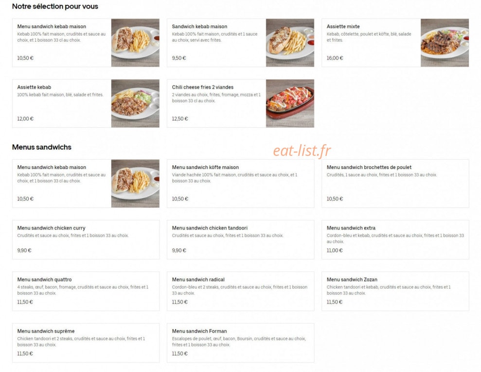 Carte et menu de Zozan Club à Villeneuve la Garenne — Les sélections, menus sandwichs