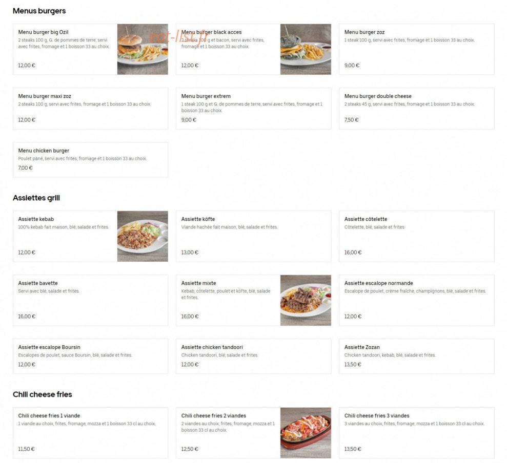 Carte et menu de Zozan Club à Villeneuve la Garenne — Les menus burgers, assiettes grill, ...