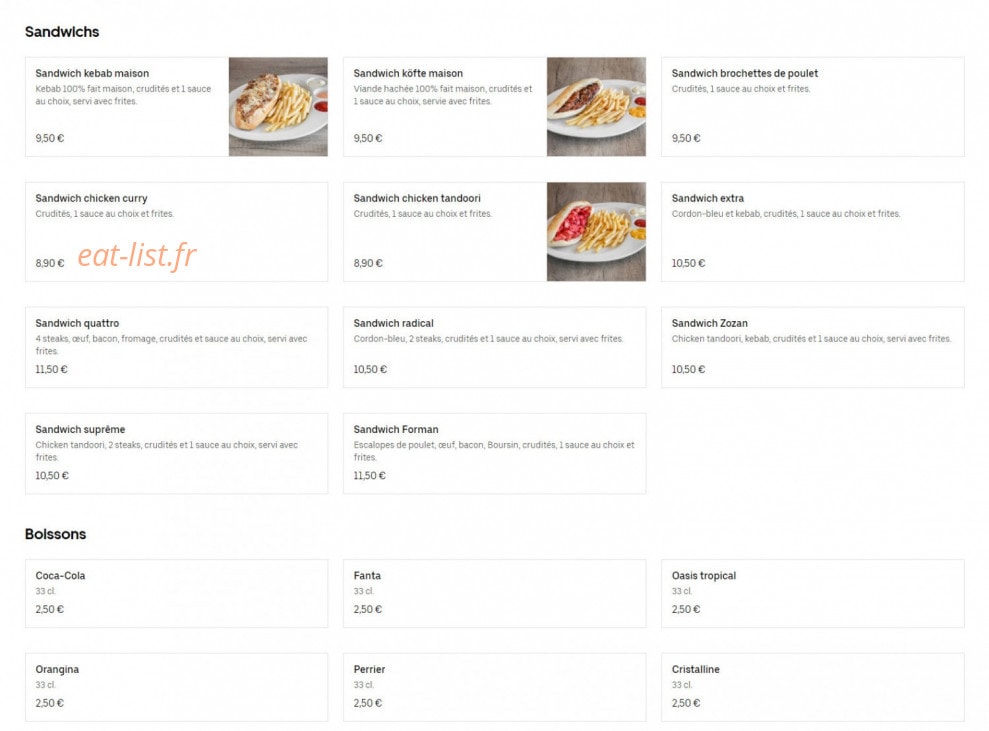 Carte et menu de Zozan Club à Villeneuve la Garenne — Les sandwichs, boissons