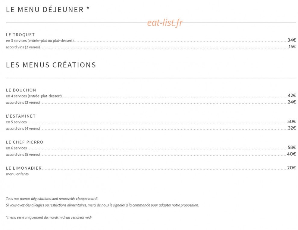 Bistrot Pierre Lambert — carte page 1