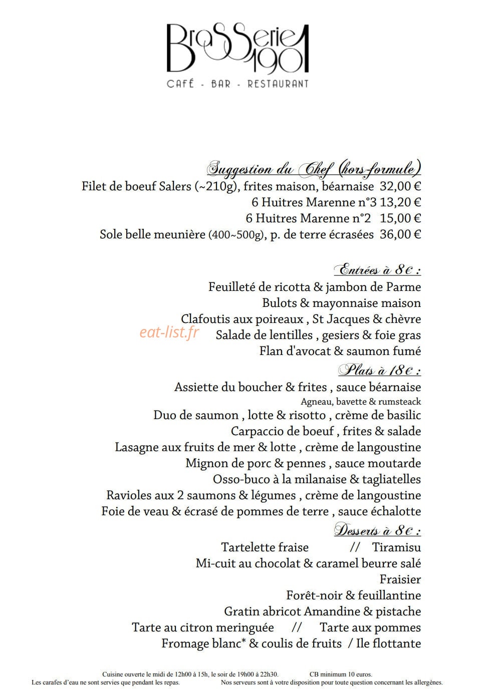 Brasserie 1901 — carte page 1
