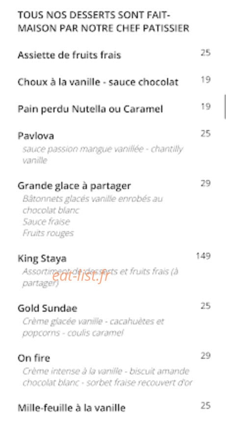 Carte et menu de Staya à Courbevoie — Desserts