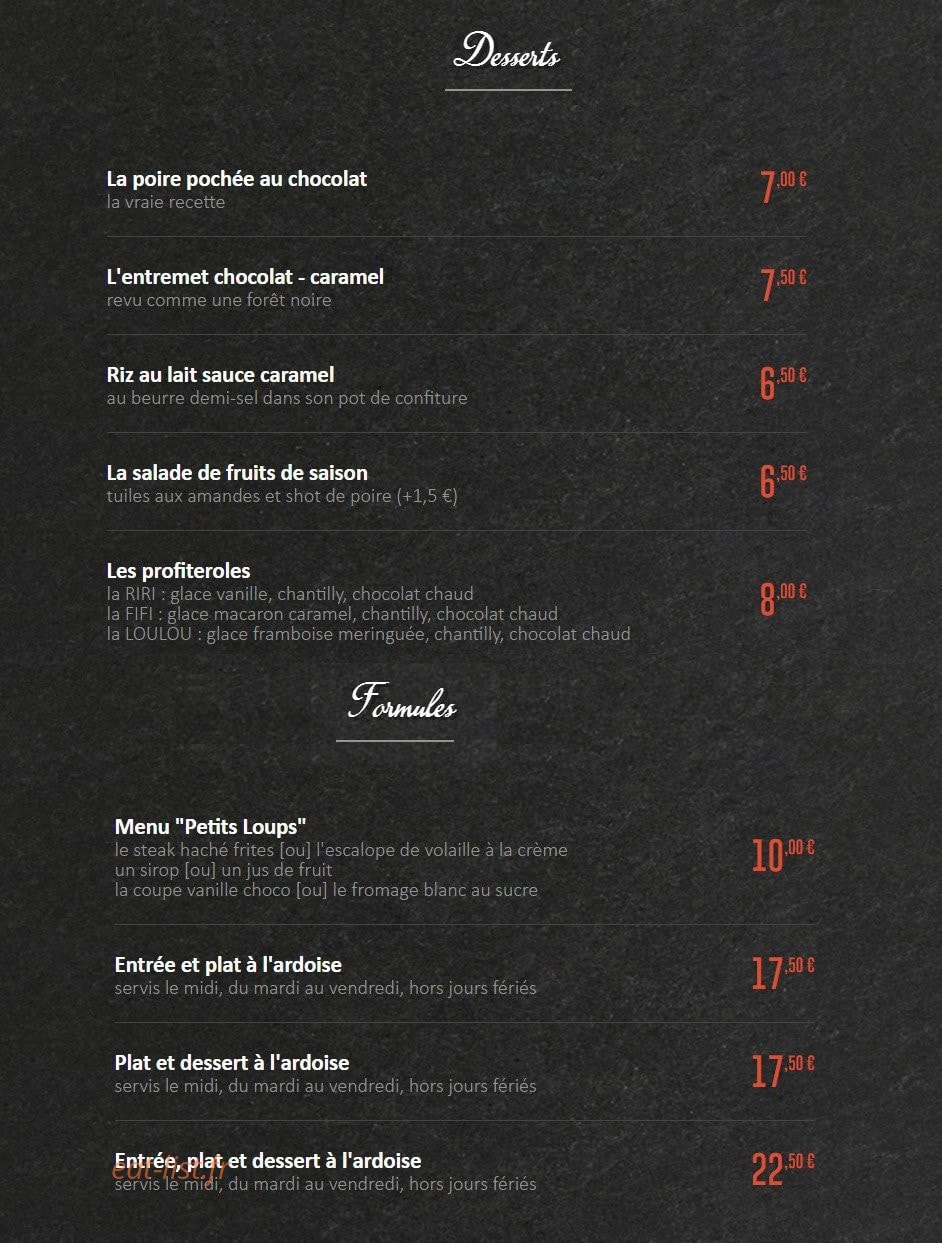 Carte et menu de Chez lulu à Rueil Malmaison — Les entrées et plats