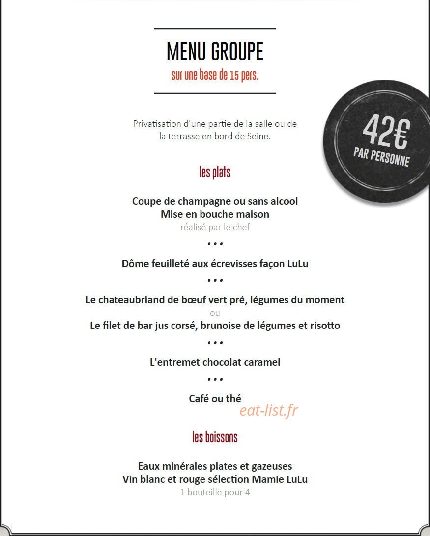 Carte et menu de Chez lulu à Rueil Malmaison — Le menu Groupe
