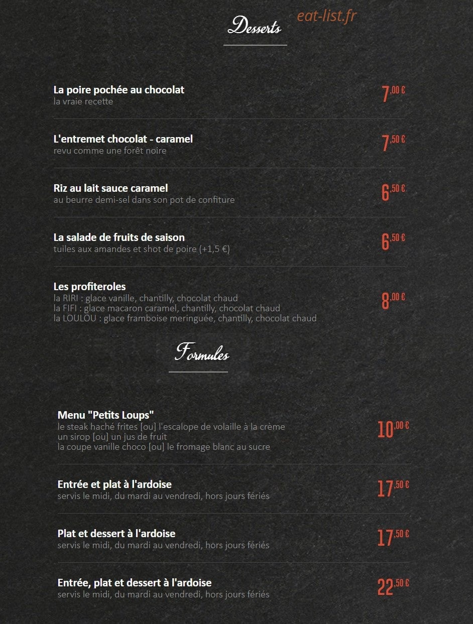 Carte et menu de Chez lulu à Rueil Malmaison — Les desserts et formules