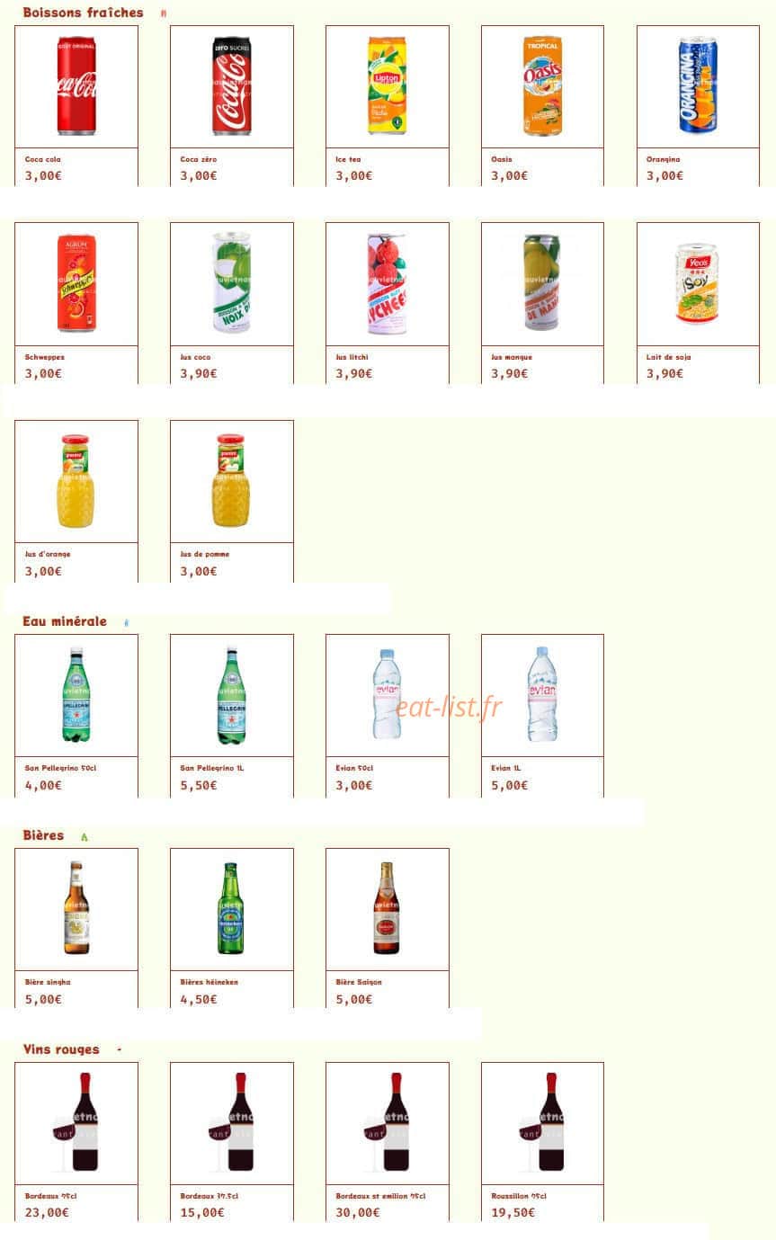 Carte et menu de Hanoi au Vietnam à Rueil Malmaison — Les boissons fraîches, eaux minérales et bières,...