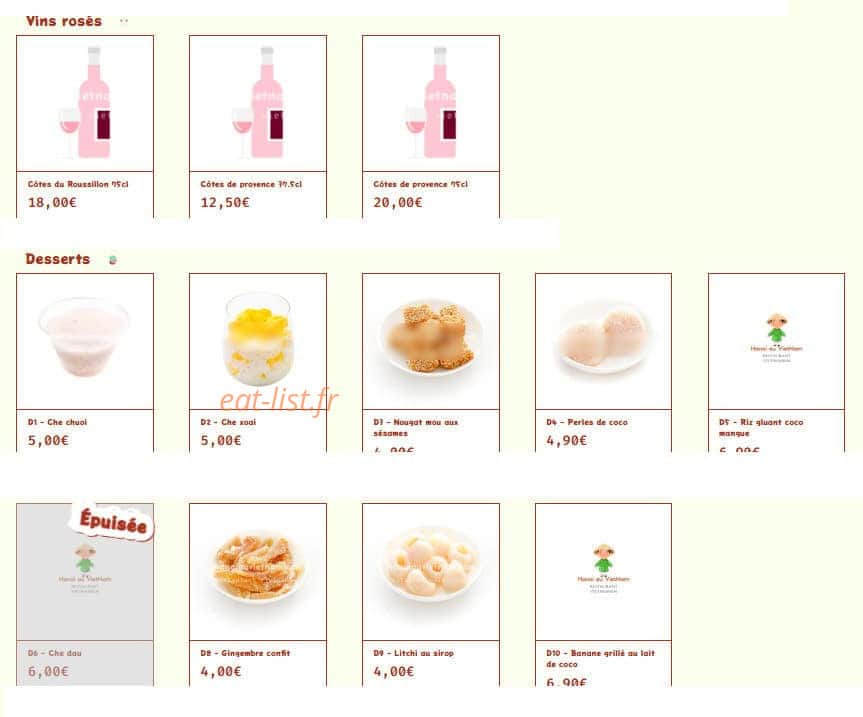 Carte et menu de Hanoi au Vietnam à Rueil Malmaison — Les vins rosés et desserts