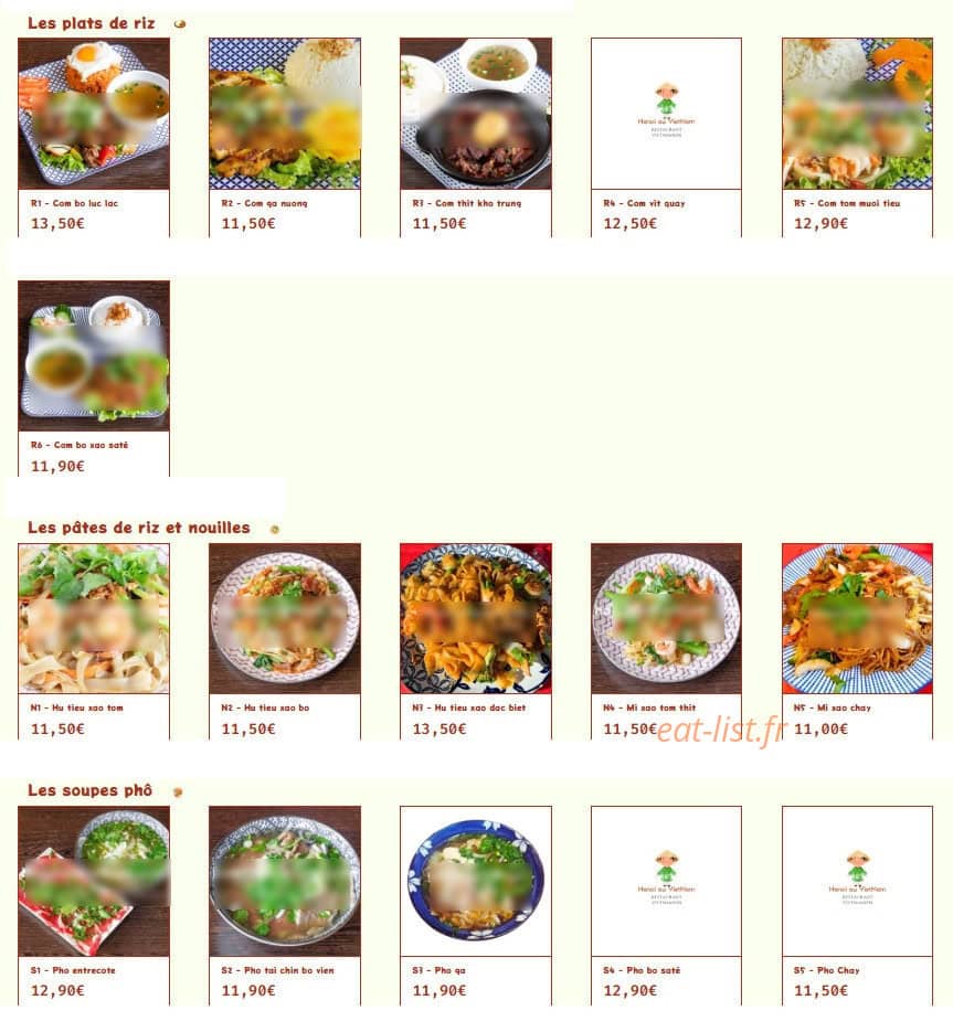 Carte et menu de Hanoi au Vietnam à Rueil Malmaison — Les plats de riz, pâtes de riz et nouilles,...