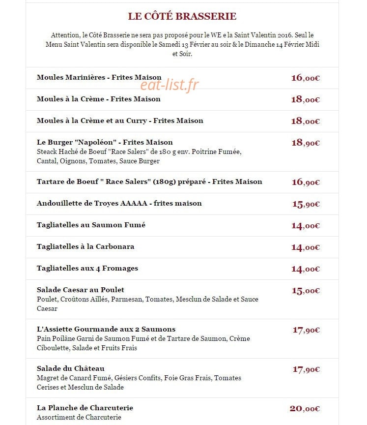 Carte et menu de La Brasserie du Château à Rueil Malmaison — Côté brasserie