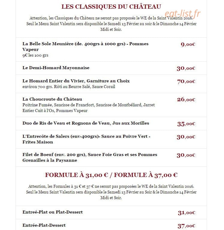 Carte et menu de La Brasserie du Château à Rueil Malmaison — Classiques du châteaux et formules