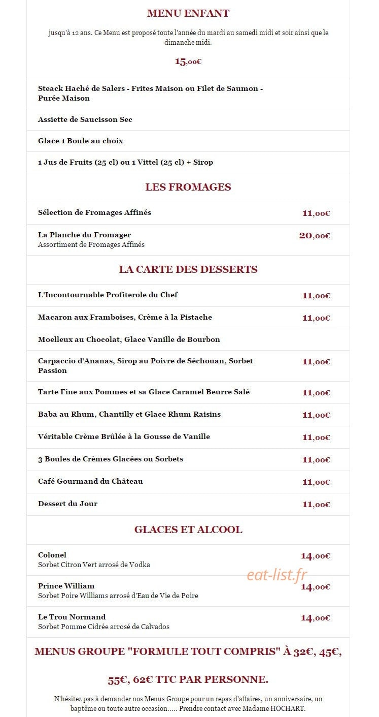 Carte et menu de La Brasserie du Château à Rueil Malmaison — Desserts, glaces, menu enfant,...