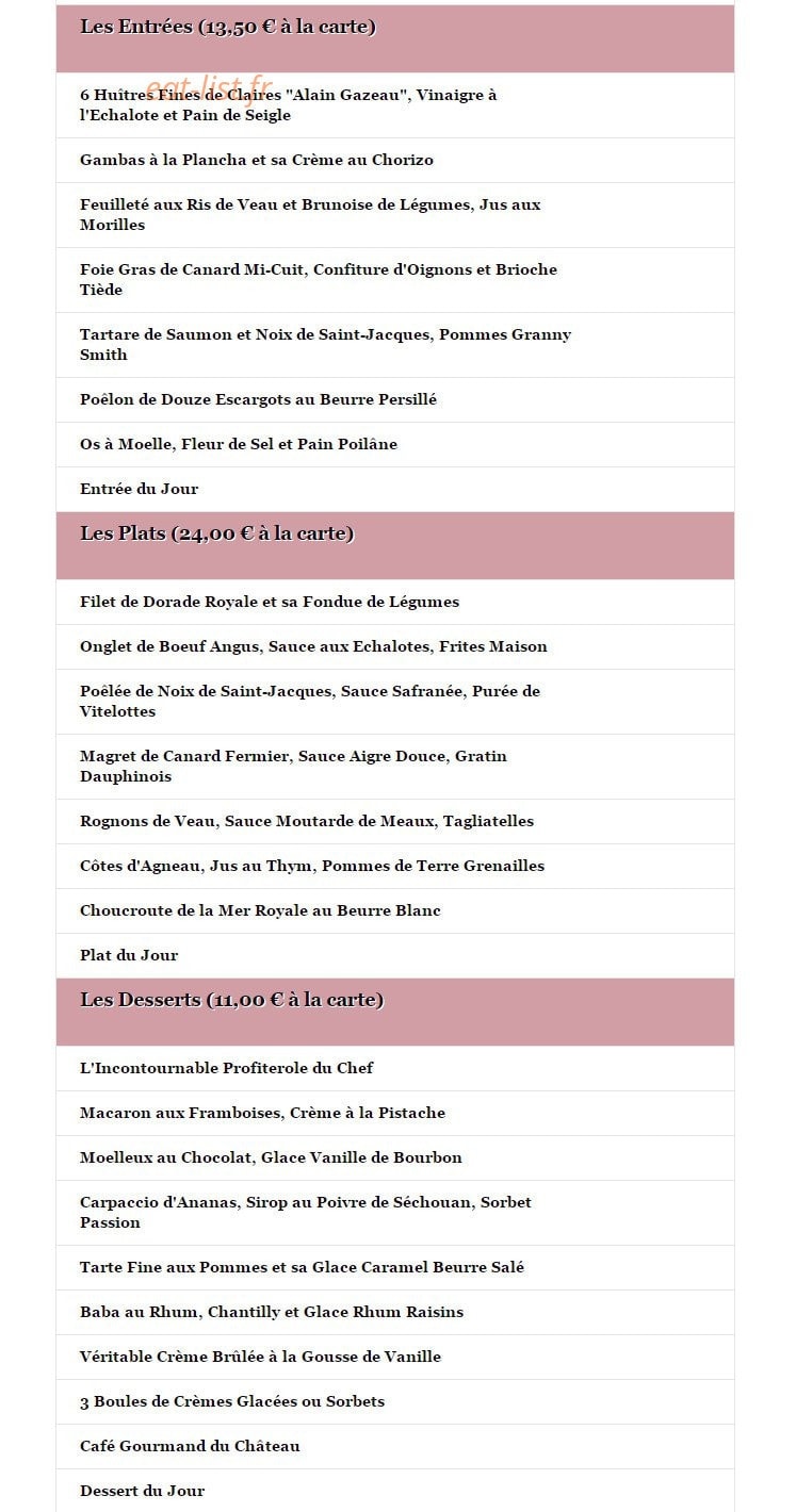 Carte et menu de La Brasserie du Château à Rueil Malmaison — Entrées, plats et desserts