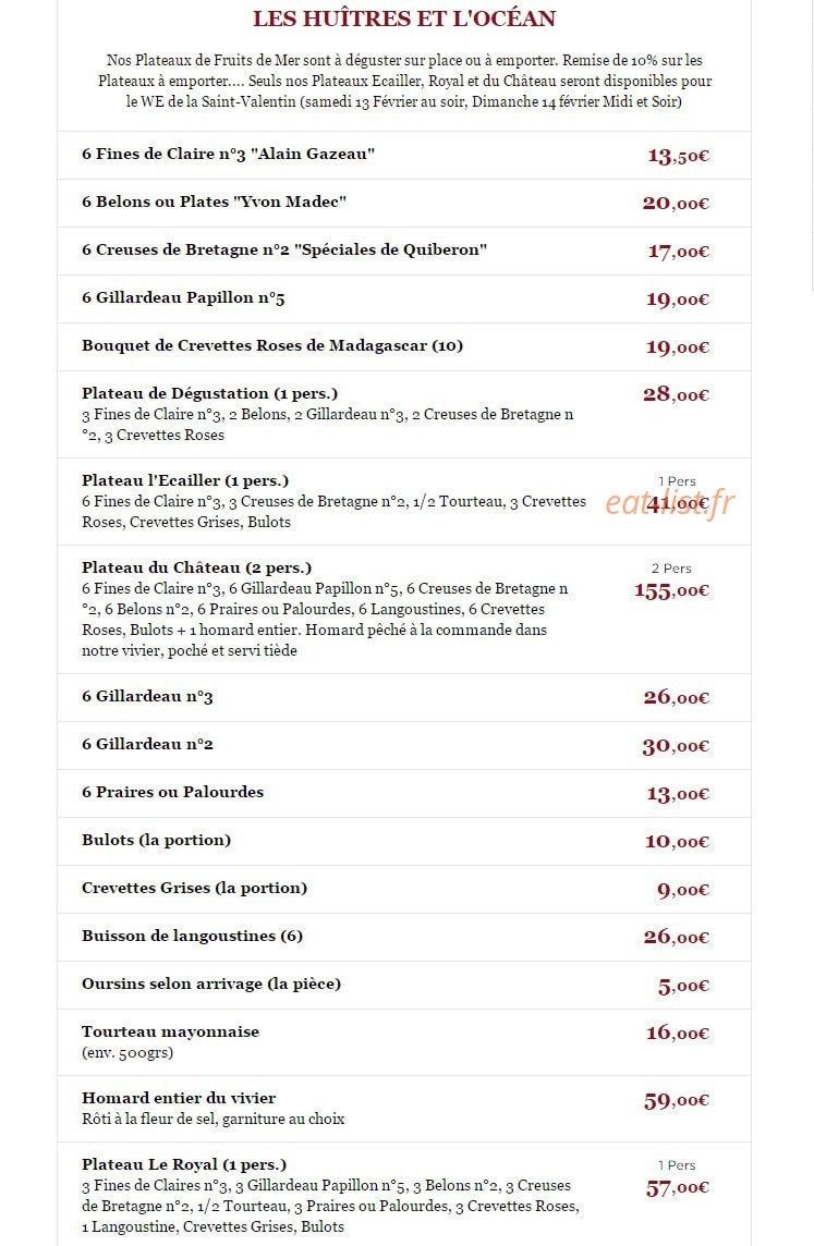 Carte et menu de La Brasserie du Château à Rueil Malmaison — Huitres