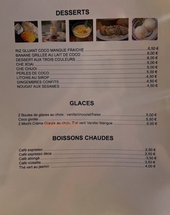 Carte et menu de Vietnam Othentik à Rueil Malmaison — Les desserts, glaces et boissons chaudes