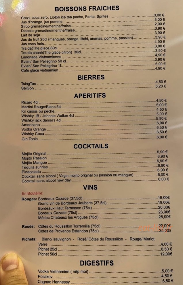 Carte et menu de Vietnam Othentik à Rueil Malmaison — Les boissons fraiches, bières et apéritifs,...