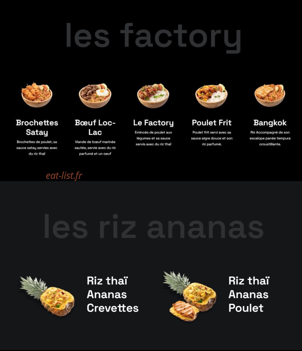 Carte et menu de Bangkok Factory à Asnieres sur Seine — Les factory et riz ananas